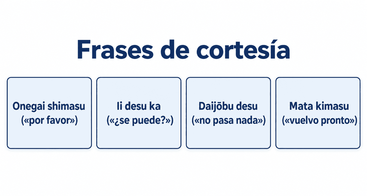 Frases de cortesía: onegai shimasu («por favor»), ii desu ka («¿se puede?»), daijōbu desu («no pasa nada») y mata kimasu («vuelvo pronto»)