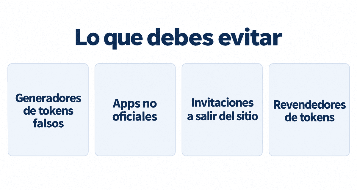 Lo que debes evitar: generadores de tokens falsos, apps no oficiales, invitaciones a salir del sitio y revendedores de tokens