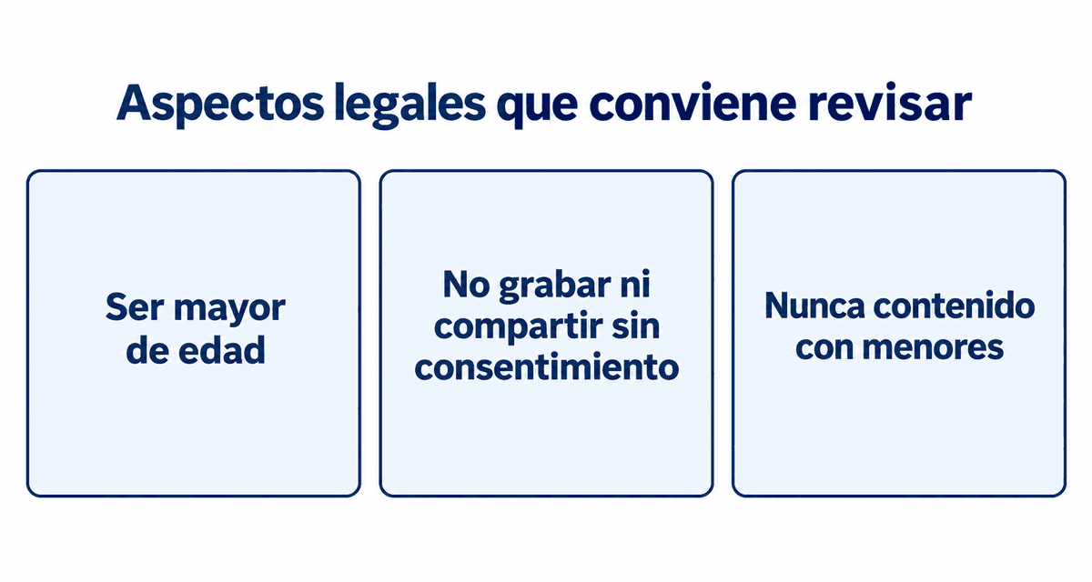 Aspectos legales que conviene revisar: ser mayor de edad, no grabar ni compartir sin consentimiento y nunca contenido con menores