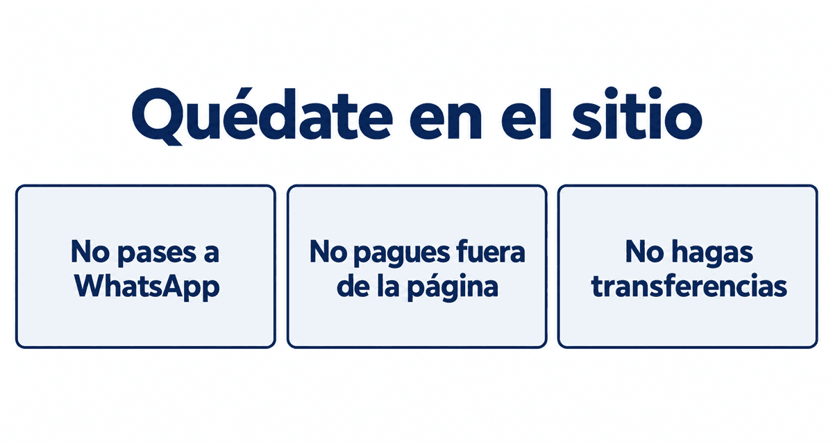 Quédate en el sitio: no pases a WhatsApp, no pagues fuera de la página y no hagas transferencias