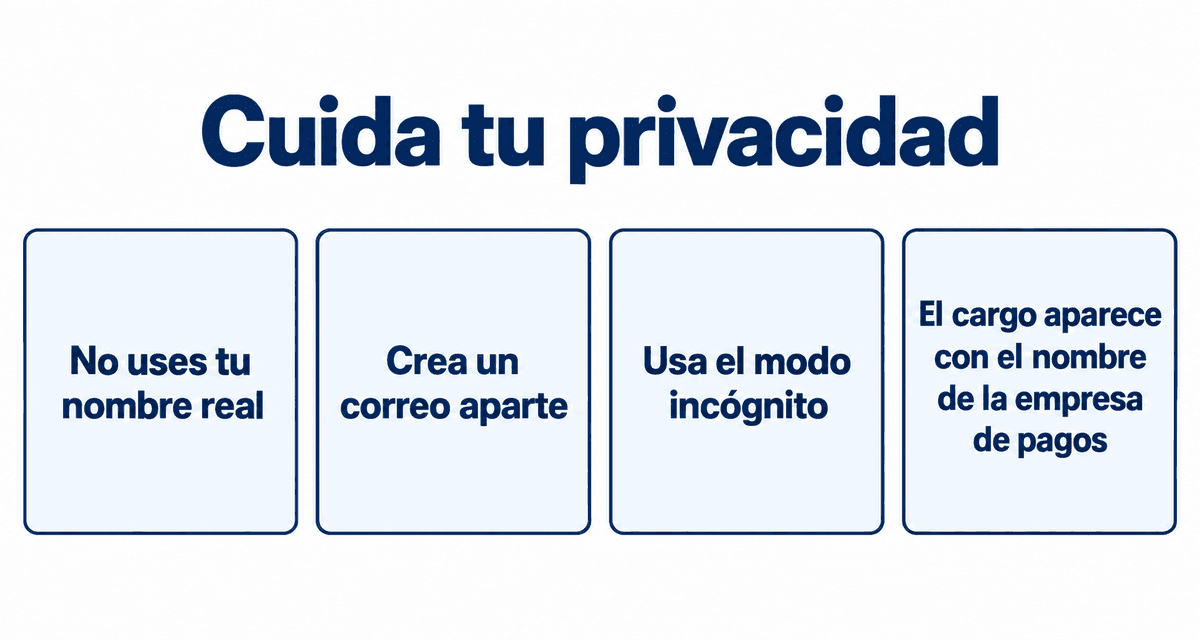 Cuida tu privacidad: no uses tu nombre real, crea un correo aparte, usa el modo incógnito y el cargo aparece con el nombre de la empresa de pagos