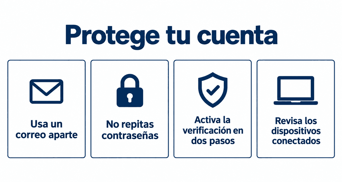 Protege tu cuenta: usa un correo aparte, no repitas contraseñas, activa la verificación en dos pasos y revisa los dispositivos conectados