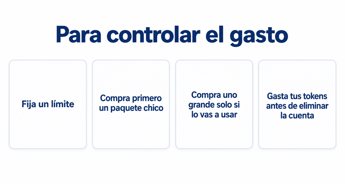 Para controlar el gasto: fija un límite, compra primero un paquete chico, compra uno grande solo si lo vas a usar y gasta tus tokens antes de eliminar la cuenta