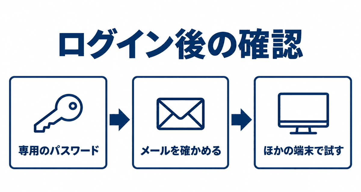 ログイン後の確認:専用のパスワード、メールを確かめる、ほかの端末で試す