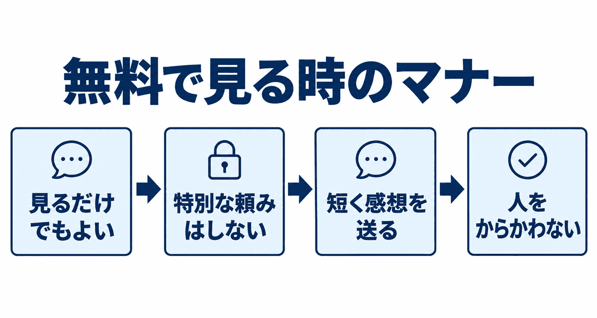 無料で見る時のマナー:見るだけでもよい、特別な頼みはしない、短く感想を送る、人をからかわない