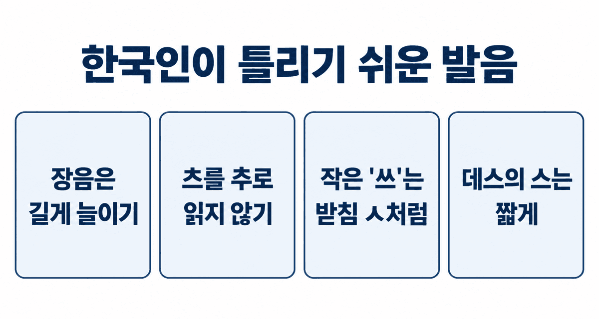 한국인이 틀리기 쉬운 일본어 발음: 장음은 길게 늘이기, 츠를 추로 읽지 않기, 작은 っ는 받침 ㅅ처럼, 데스의 스는 짧게