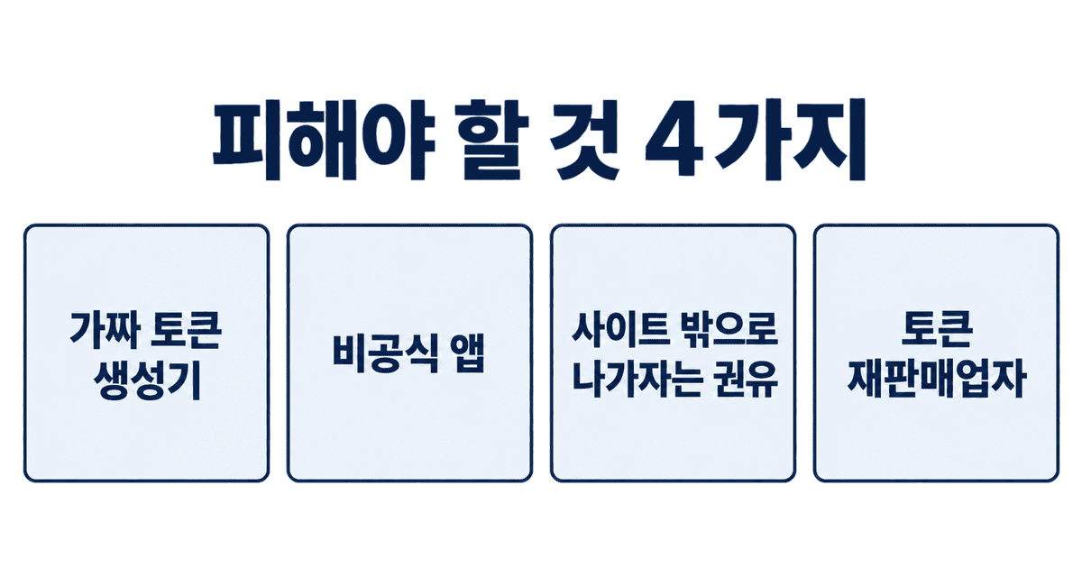피해야 할 것 4가지: 가짜 토큰 생성기, 비공식 앱, 사이트 밖으로 나가자는 권유, 토큰 재판매업자