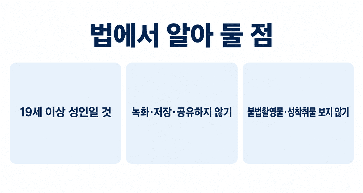 법에서 알아 둘 점: 19세 이상 성인일 것, 녹화·저장·공유하지 않기, 불법촬영물과 성착취물은 보지 않기
