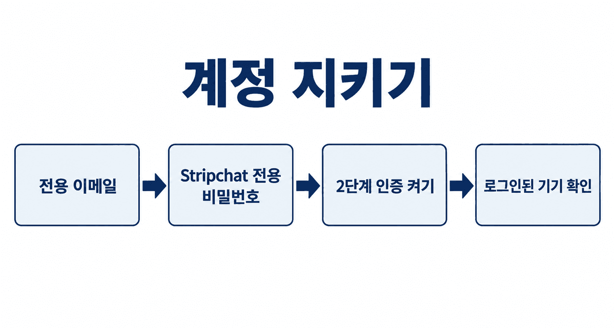 계정 지키기: 전용 이메일, Stripchat 전용 비밀번호, 2단계 인증 켜기, 로그인된 기기 확인