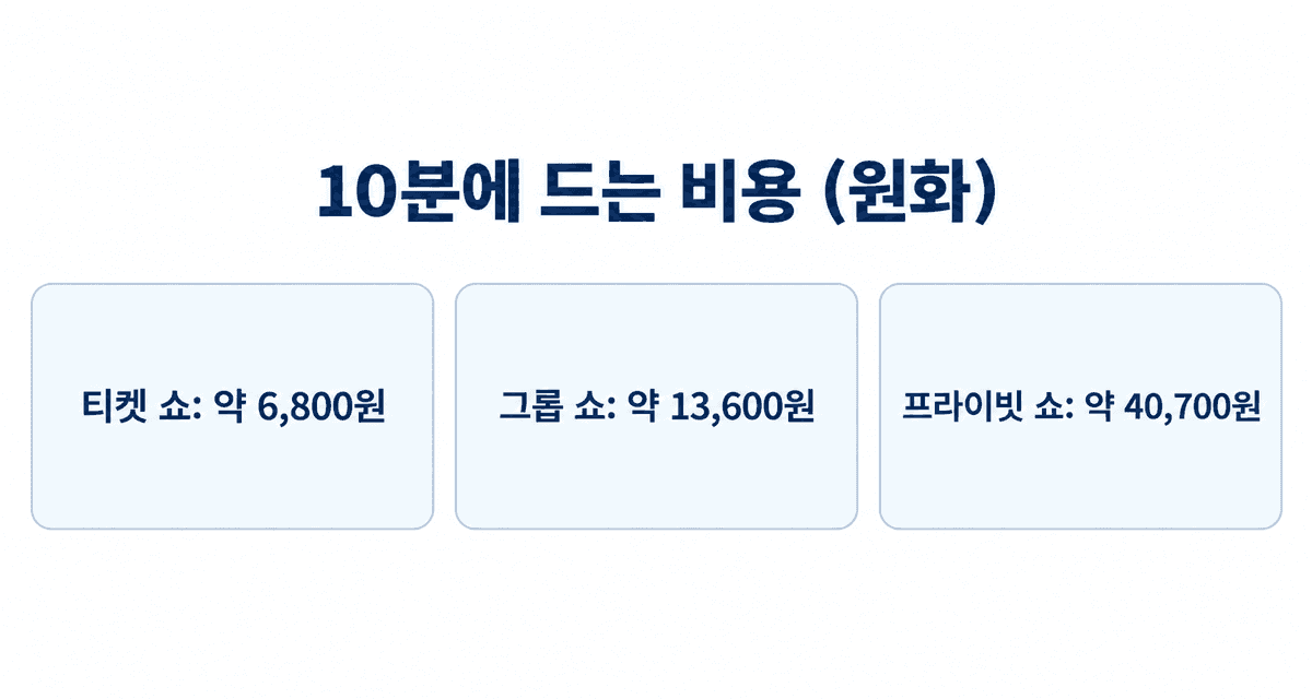 10분에 드는 원화 비용: 티켓 쇼 약 6,800원, 그룹 쇼 약 13,600원, 프라이빗 쇼 약 40,700원