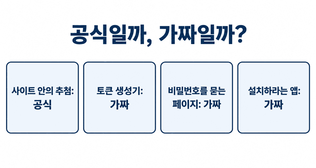 공식인지 가짜인지 구별하기: 사이트 안의 추첨은 공식, 토큰 생성기와 비밀번호를 묻는 페이지와 설치하라는 앱은 가짜