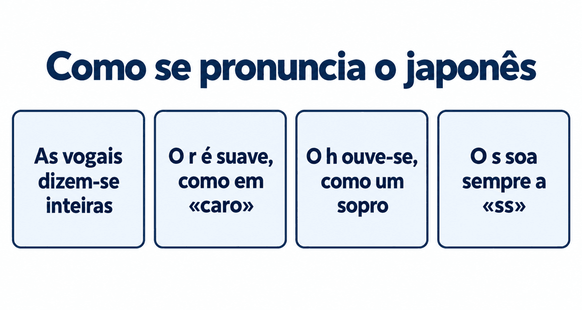 Pronúncia do japonês para quem fala português: as vogais dizem-se inteiras, o r é suave, o h ouve-se e o s soa sempre a «ss»