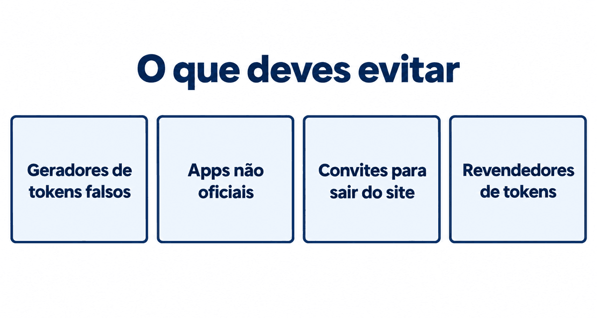 O que deves evitar: geradores de tokens falsos, apps não oficiais, convites para sair do site e revendedores de tokens