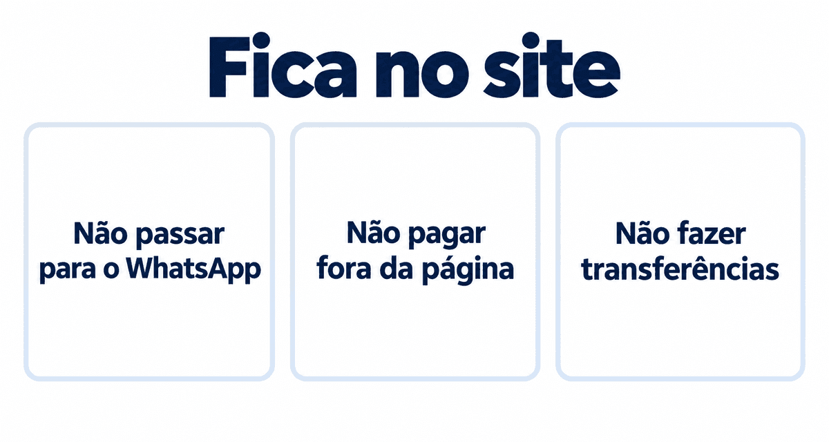 Fica no site: não passes para o WhatsApp, não pagues fora da página e não faças transferências