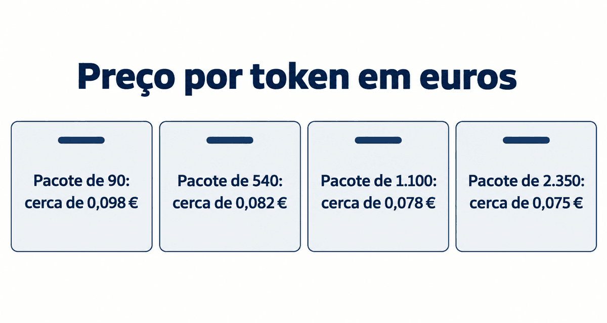 Preço por token em euros: pacote de 90, cerca de 0,098 €; de 540, cerca de 0,082 €; de 1.100, cerca de 0,078 €; e de 2.350, cerca de 0,075 €