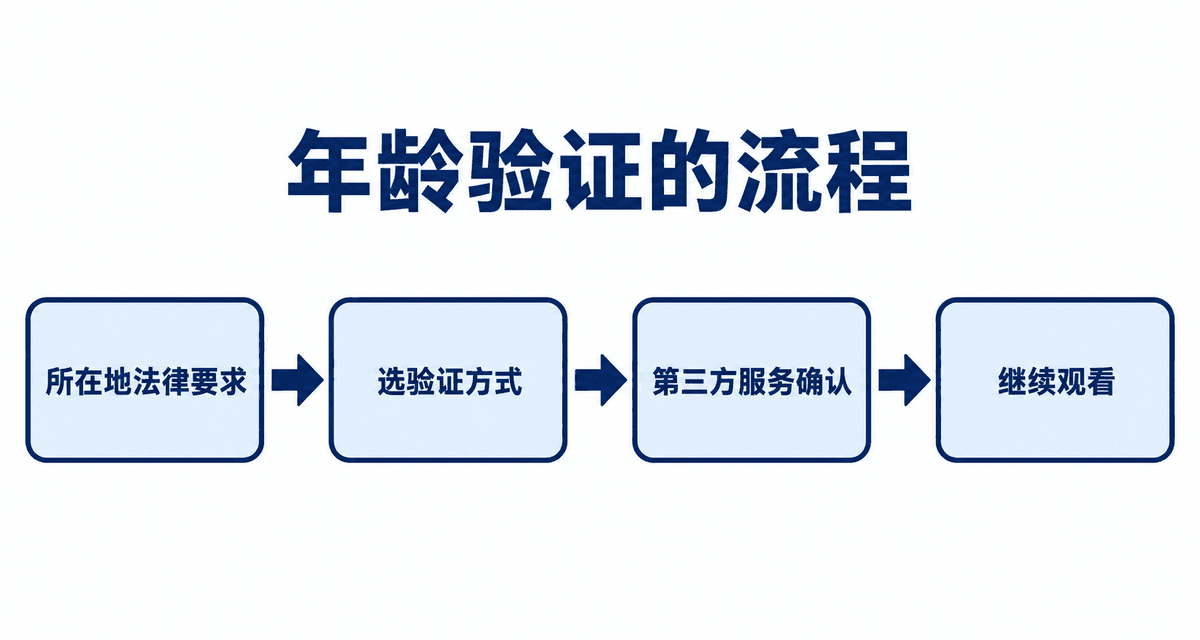 年龄验证的流程:所在地法律要求→选验证方式→第三方服务确认→继续观看