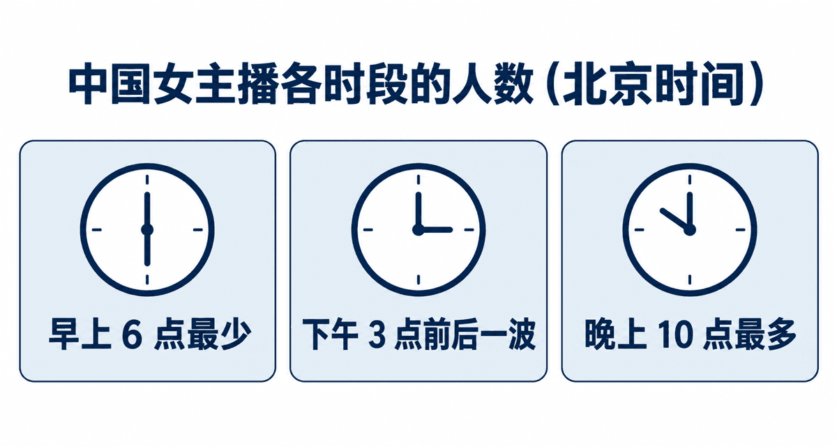 中国女主播各时段的人数(北京时间):早上 6 点最少、下午 3 点前后一波、晚上 10 点最多