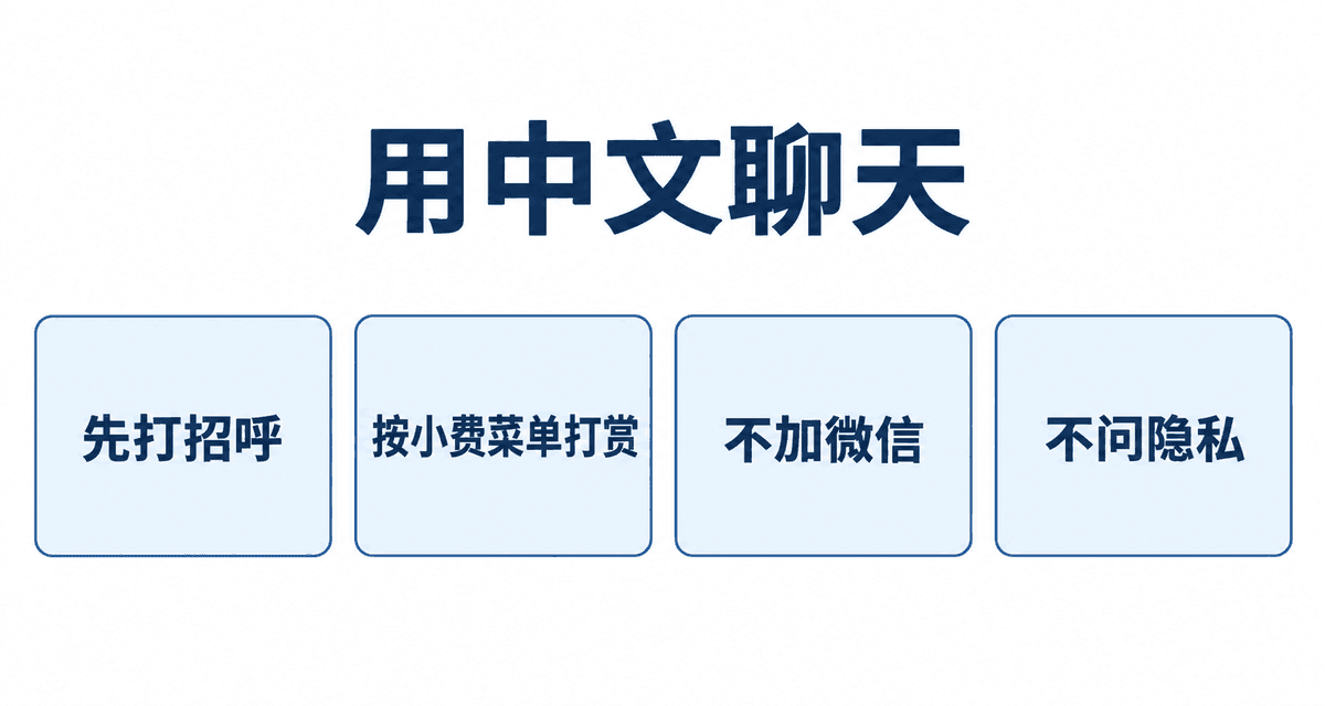 用中文聊天:先打招呼、按小费菜单打赏、不加微信、不问隐私