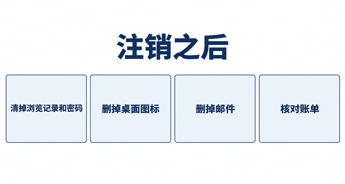 注销之后:清掉浏览记录和密码、删掉桌面图标、删掉邮件、核对账单