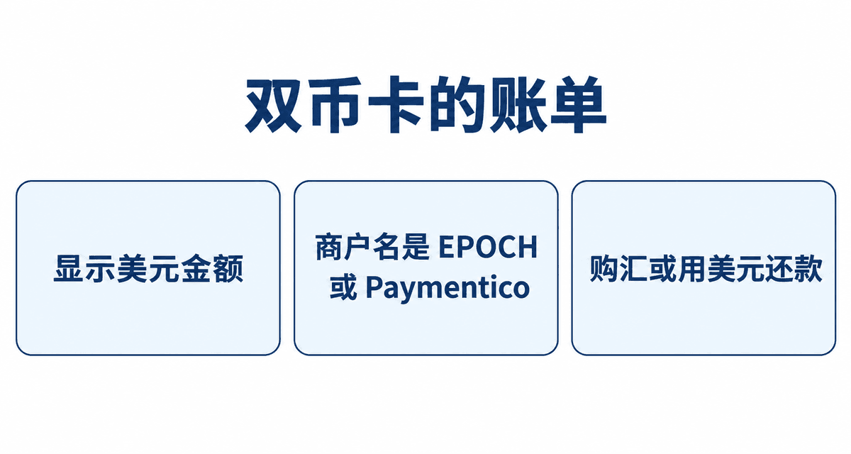 双币卡的账单:显示美元金额、商户名是 EPOCH 或 Paymentico、购汇或用美元还款