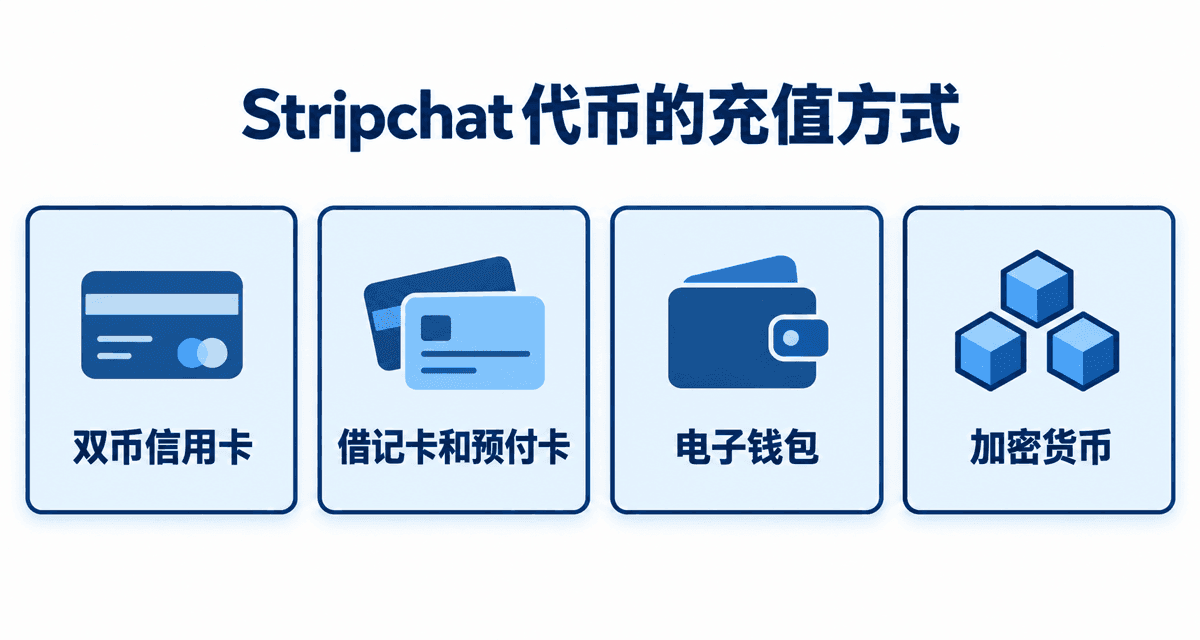 Stripchat 代币的充值方式:双币信用卡、借记卡和预付卡、电子钱包、加密货币