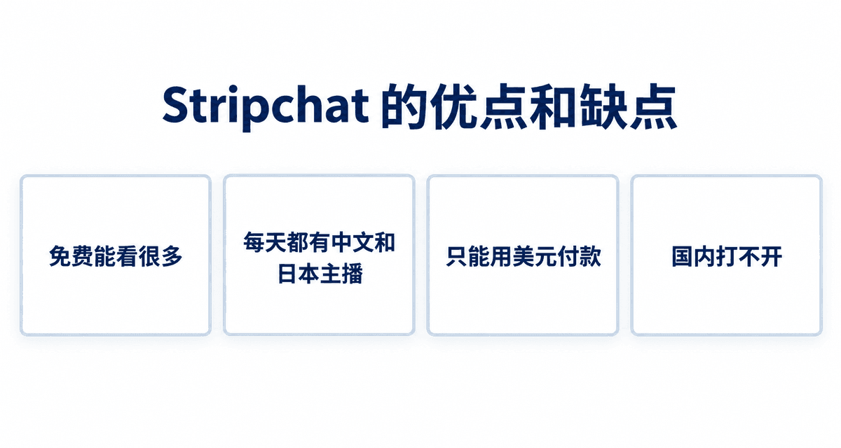 Stripchat 的优点和缺点:免费能看很多、每天都有中文和日本主播、只能用美元付款、国内打不开
