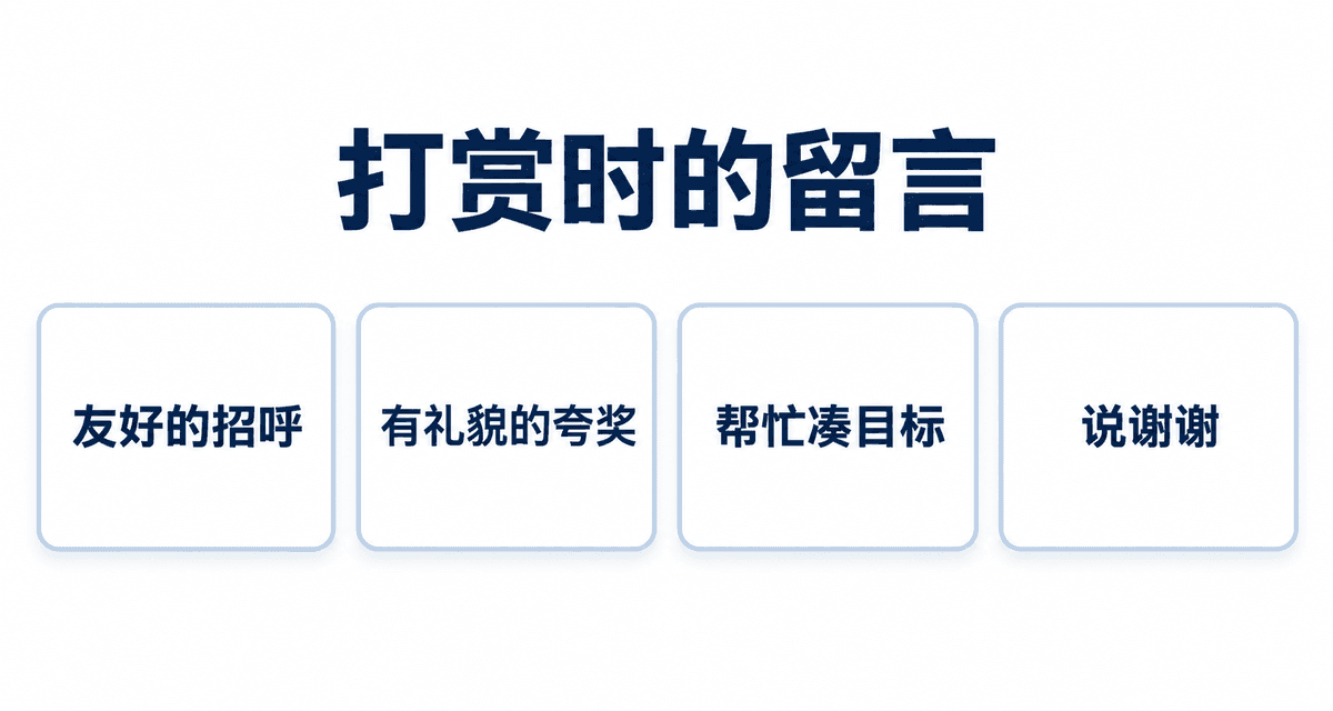 打赏时的留言:友好的招呼、有礼貌的夸奖、帮忙凑目标、说谢谢