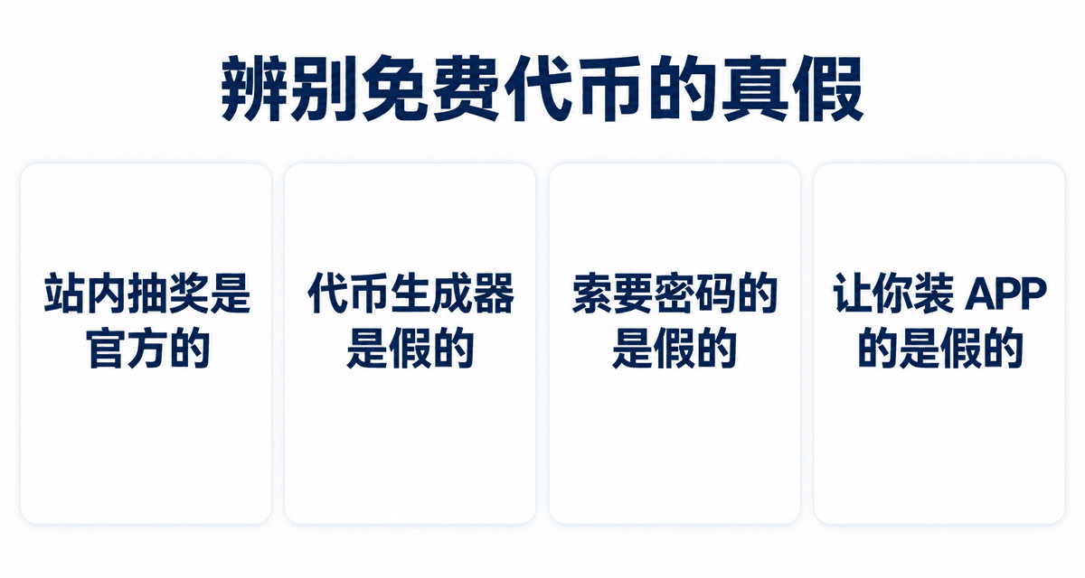 辨别免费代币的真假:站内抽奖是官方的、代币生成器是假的、索要密码的是假的、让你装 APP 的是假的
