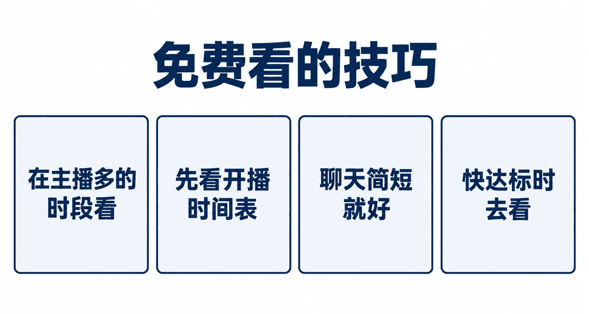 免费看的技巧:在主播多的时段看、先看开播时间表、聊天简短就好、快达标时去看