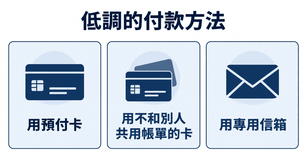 低調的付款方法:用預付卡、用不和別人共用帳單的卡、用專用信箱